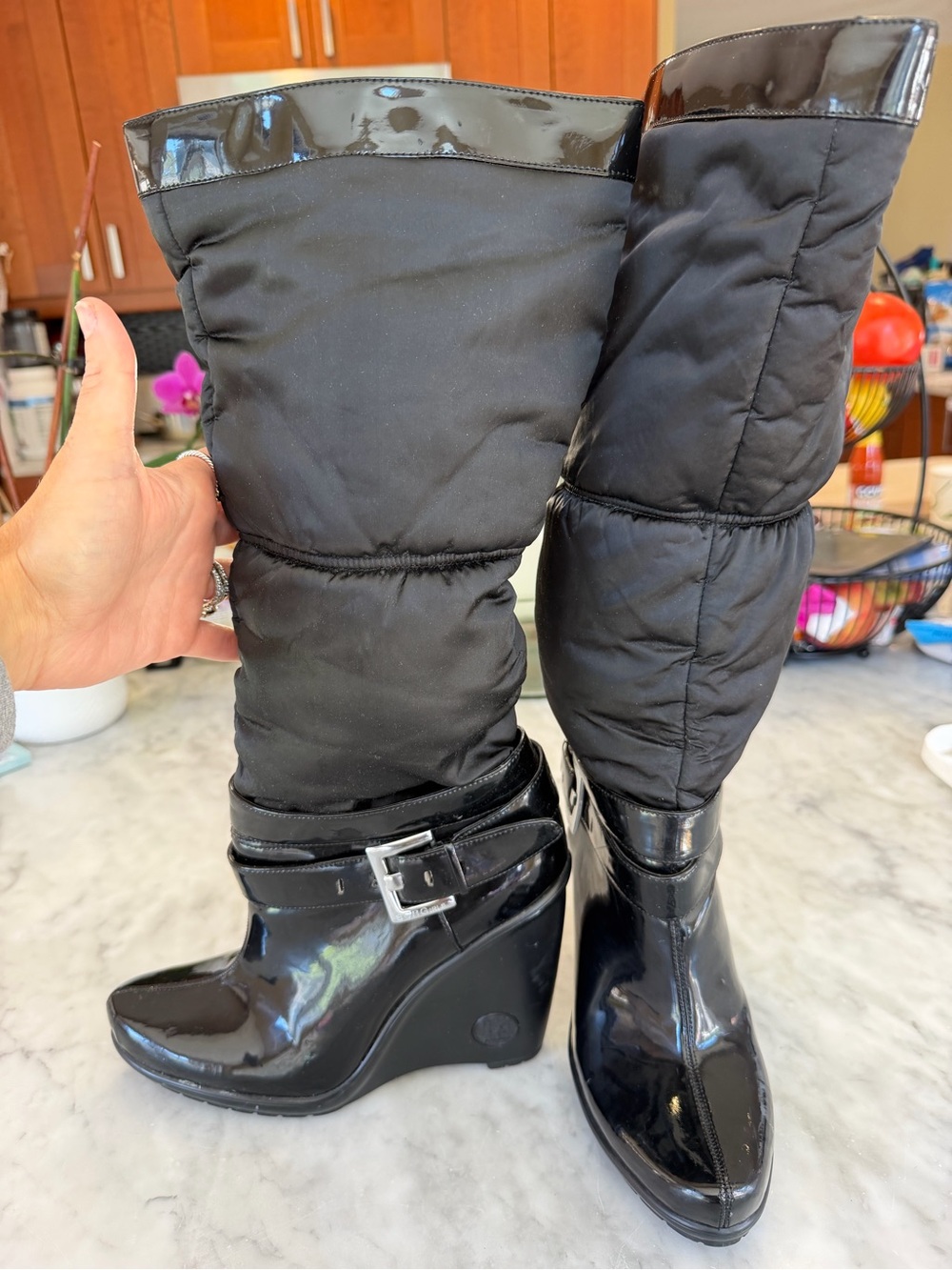 BCBGirls Black Quilted Nylon and Patent Wedge Boots with Buckle